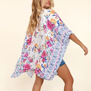 Loveda ODM OEM Vintage White Blue Beach Shawl Floral Print Thin Translucent Cover Up Kimono For Women