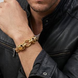 Rock Skull Head Charm Bracelet Men's Stainless Steel double <b>chain</b> Heavy gold <b>Chain</b> Gold Skull Punk Bracelets Biker Jewelry - Product Image 5