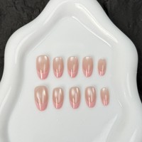 Y152 Vente en gros Faux ongles à presser French Cat Eyes rose clair, forme amande moyenne, réutilisables, en acrylique, pour fête, lot de 10 pièces