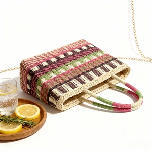 Bolso de mano de paja tejido a mano para mujer, colorido, a rayas, estilo bohemio, para playa, con asas, ecológico, tipo cesta, artesanal, para el hombro - Product Image 2