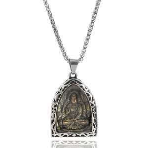 Collar con colgante de Buda de estilo chino Yunnique, cadena larga de plata tibetana para hombre, joyería de regalo con engaste de bisel, diseño geométrico JD215 - Product Image 1