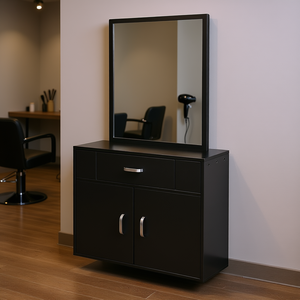 Meuble de rangement de salon noir à double porte avec tiroir, 3 compartiments et miroir, ensemble de poste de coiffure pour coiffeur - Product Image 2