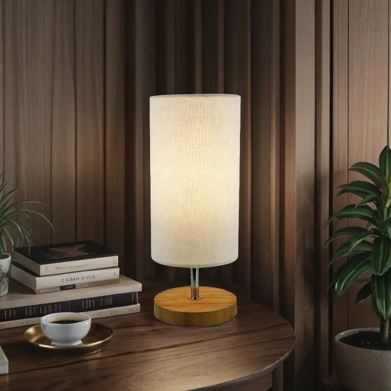 Nordic moderna lampada da tavolo a LED bianco con paralume in tessuto Beige comodo interruttore di alimentazione per la camera da letto decorazioni Base in legno