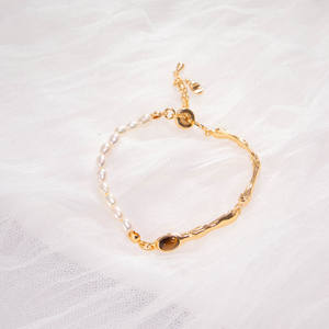 Gold-Plated Tiger Eye Stone & <b>Freshwater</b> <b>Pearl</b> <b>Bracelet</b> Irregular Texture Adjustable Chain <b>Bracelet</b> Fashion Luxury Jewelry - Product Image 1