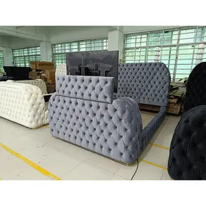 Plush Velvet White Sleigh Tuffed Upholster High Quality Wood Low Profile Platform Queen Bed Frame with Fireplace and TV