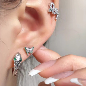 Pendientes <span class=keywords><strong>de</strong></span> serpiente frescos <span class=keywords><strong>de</strong></span> moda para mujer S999, plata pura, circón verde, incrustaciones <span class=keywords><strong>de</strong></span> diamantes, <span class=keywords><strong>Slytherin</strong></span>, gama alta, pequeños geométricos - Product Image 4