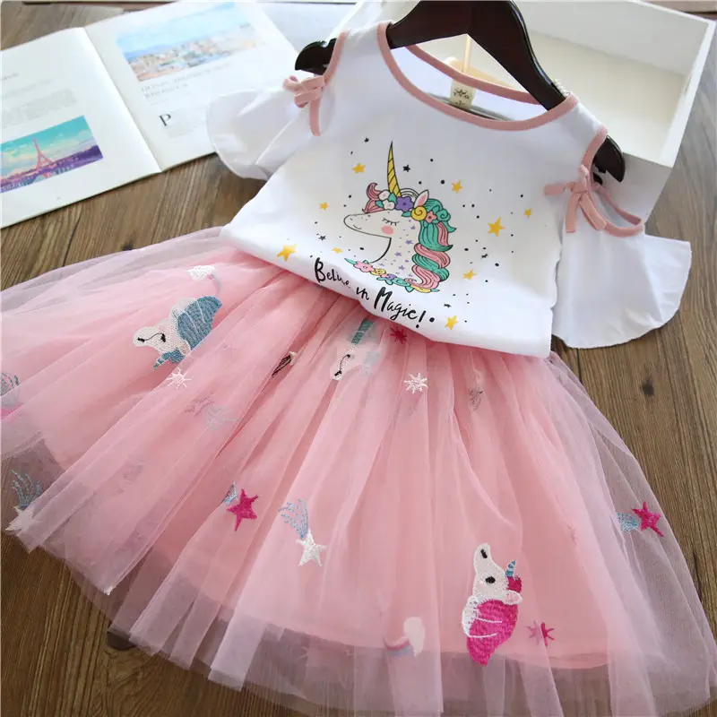 2019 summer hot selling cartoon lace skirt set unicorn baby new fashion 4 year old girls cheap clothes for girl