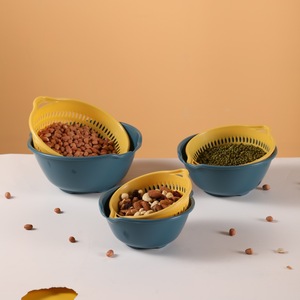Double Layer Plastic Drain Basket Set For Kitchen Vegetable Fruit Washing Blue Purple Beige Colanders Strainers - Product Image 1