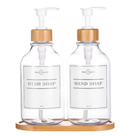 Distributeur de savon en plastique transparent sans BPA de 16 oz avec pompe en bambou et plateau en bambou, récipient rechargeable pour savon liquide pour les mains et la vaisselle