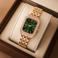 Reloj de Pulsera de Cuarzo para Mujer, Diseño de Lujo Ligero, Esfera Rectangular Verde con Diseño de Cielo Estrellado, Correa de Aleación Impermeable, Espejo de Cristal