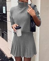 Ensemble chic pour femme, pull en tricot à col roulé et jupe mini plissée, tenue d'automne-hiver, robe en tricot deux pièces