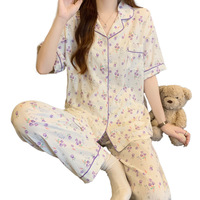 Ensemble de Pyjama Femme Dessin Animé Imprimé Floral Doux Col Rabattu Manches Courtes Pantalon Long, Pyjama Décontracté d'Été pour Femme