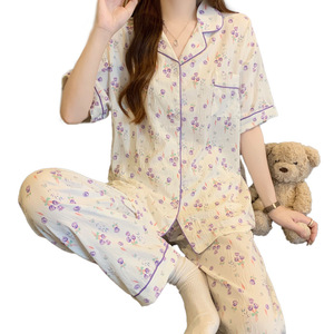 Set di indumenti da notte da donna con stampa floreale dolce con colletto a collo corto pantaloni lunghi a maniche corte <span class=keywords><strong>pigiama</strong></span> <span class=keywords><strong>estivo</strong></span> Casual da donna - Product Image 5