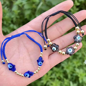 BG1165 Eleganti Braccialetti Macramè Regolabili con 3 Perle Multicolore in Vetro Lampwork, Motivi Floreali, Occhio Turco, Mano di Fatima, Cuore, Fiore e Perline Dorate - Product Image 6