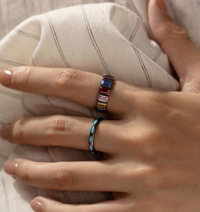S925 Silver Geometric <b>Ring</b> Black Rhodium Plated Bezel Set <b>Crystal</b> Rhinestone Unisex Everyday Wear Trendy Gemstone Band - Product Image 6
