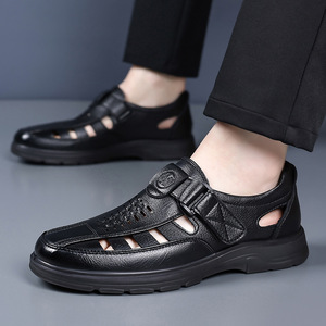Sandalias de Verano para Hombre, Punta Redonda, Cuero, Cierre de Velcro, Estilo Deportivo, Entresuela de EVA, Suela de Goma, Color Sólido, Cómodas - Product Image 1
