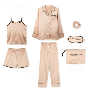 Ensemble de pyjamas 7 pièces en <span class=keywords><strong>satin</strong></span> de soie pour femmes Pyjamas de couleur unie Vêtements de nuit pour femmes - Product Image 3