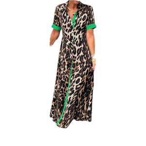 Vestido maxi informal vintage con estampado de leopardo, cuello solapa, tejido, silueta lápiz, holgado, manga corta, abotonado, color en contraste, ecológico y natural. - Product Image 1
