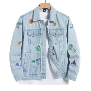 Chaqueta vaquera con estampado de flores azul para hombre con logotipo personalizado sin camiseta