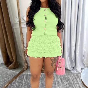 ชุดเซ็ต 2 ชิ้น เสื้อแขนกุดติดกระดุมหน้า กระโปรงทรงเอวสูงลายดอกไม้ 3 มิติ สไตล์ลำลองสำหรับผู้หญิง - Product Image 4