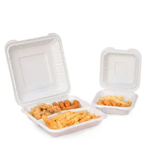 กล่องพลาสติกบรรจุอาหารแบบฝาพับ3ช่อง8x8 "ภาชนะบรรจุแบบมีบานพับพลาสติกบรรจุอาหาร
