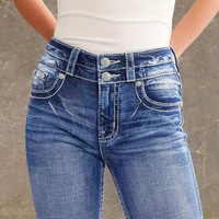Pantalon en jean pour femme, style été, avec poche arrière brodée, double boutons, coupe slim, extensible, légèrement évasé
