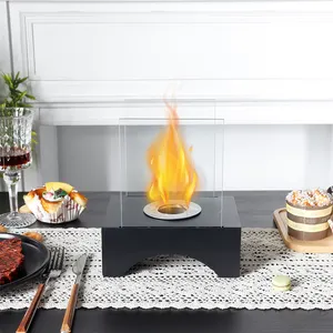 Table Glass Bio Ethanol Fireplace Black Coarse Sand Iron Fire Pit for Indoor Outdoor Decoration