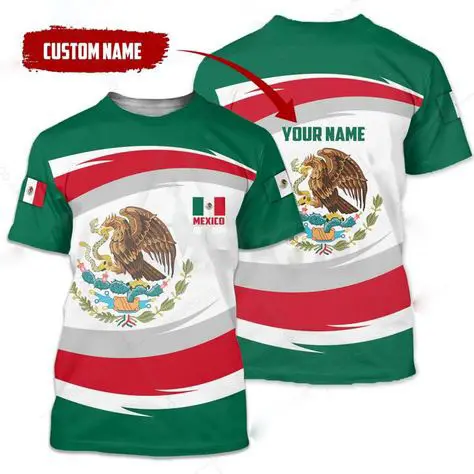 Camiseta con estampado de bandera de México para hombre, camiseta de manga corta con nombre/texto/imagen personalizada, estilo deportivo para adultos