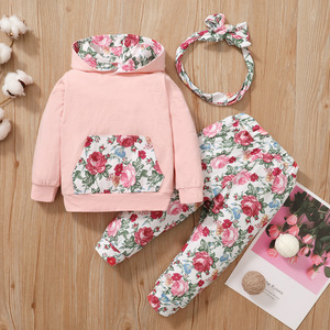 4 colori autunno 3 pezzi completi per bambini manica lunga con cappuccio stampato floreale <span class=keywords><strong>tasca</strong></span> top pantaloni fascia per capelli set di vestiti per neonate - Product Image 6