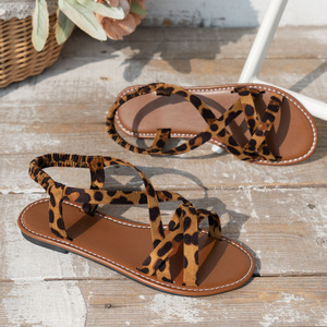 Women Leopard Print Flat <b>Sandals</b> Crisscross Straps <b>Elastic</b> Back Ankle Strap Summer Casual Ladies Shoes - Product Image 5