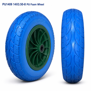 Roue de brouette anti-crevaison PU1409 14x3.50-8, pneu en mousse PU bleu de 14 pouces, jante en plastique verte pour chariot de jardin, chariot à main, unité de chariot à roulettes - Product Image 1