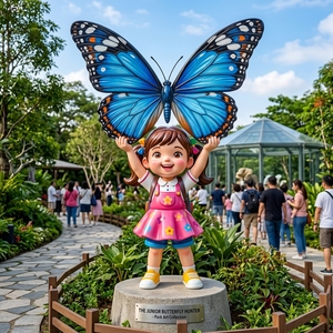 D146 Sculpture de petite fille papillon bleu géant aux mains levées, Statue personnalisée, Figurine de dessin animé pour centre commercial, jardin, ornement public - Product Image 1