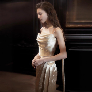 Evening Gown Women Champagne Strapless Draped Natural Waist Long Dress For Coming Of Age Ceremony - Product Image 3