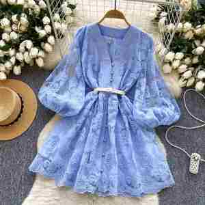 Vestido Midi Casual de Primavera para Mujer, Cuello en V, Corte en A, Manga Linterna, Estampado Digital, Bordado, Tejido Sólido - Product Image 4
