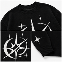 Pull en maille à col rond et épaules tombantes pour homme, style rétro streetwear, motif jacquard lune et étoile scintillant, manches longues