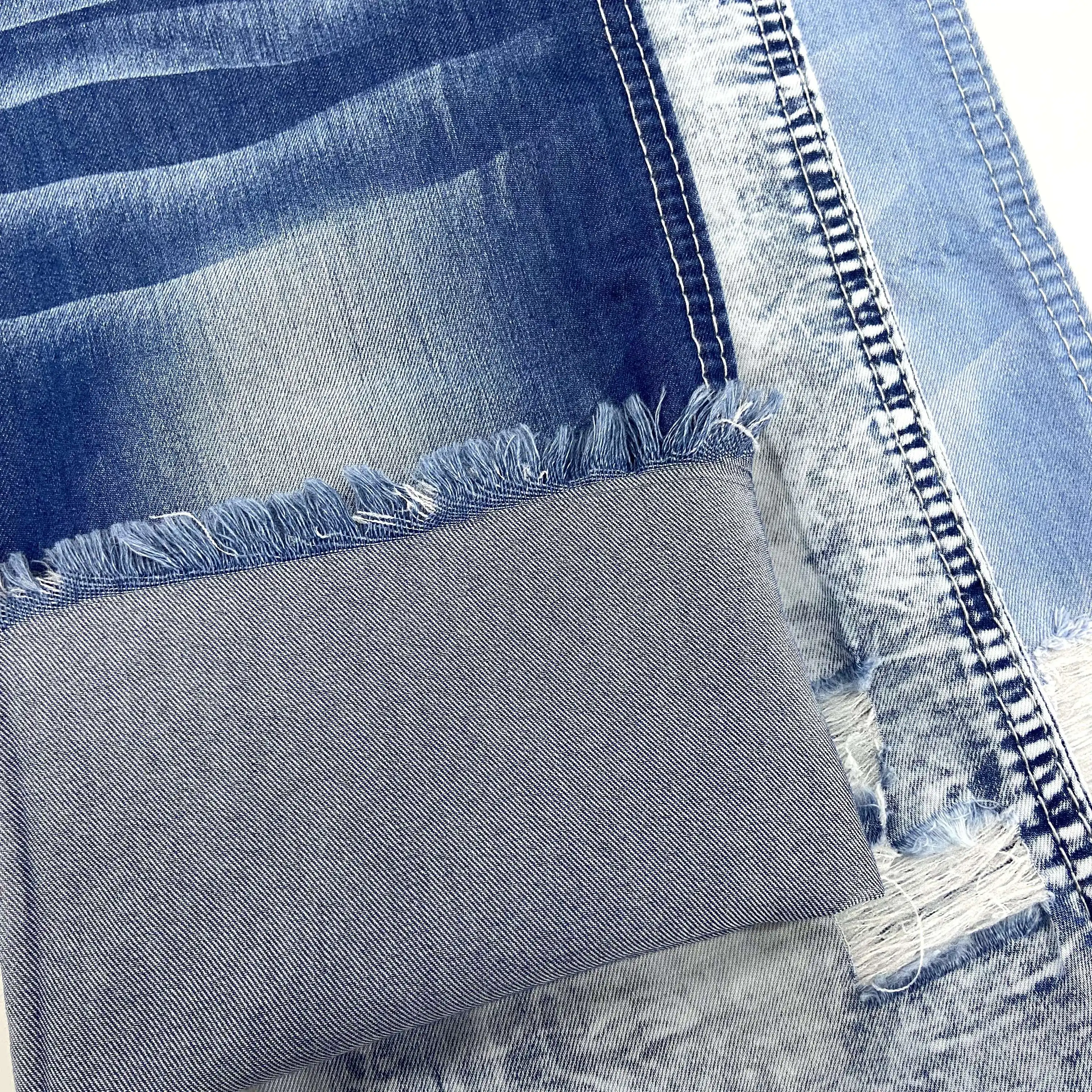 Jeans leve personalizado em estoque para mulheres, tecido de pedra estampado branco índigo, cera vintage, elastano, algodão, jeans elástico, lavado, desgastado