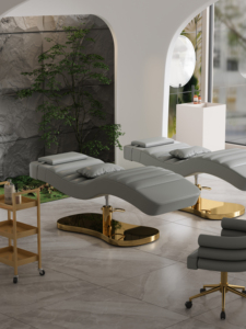 Lit de massage facial et spa de salon en cuir rose de haute qualité avec base dorée, lit cosmétique moderne de luxe réglable pour sourcils - Product Image 3