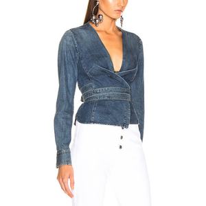 Chaqueta Vaquera de Mezclilla para Mujer, Estilo Elegante y Ejecutivo, Lavado Ácido Vintage, Corte Recortado, Escote en V Profundo - Product Image 2