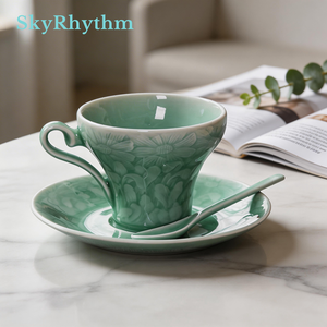 Juego de Tazas de Café de Celadón Longquan de Lujo, Taza y Platillo de Cerámica Azul Cielo Hechos a Mano, 150 ml, Juego de Regalo Artístico de Porcelana - Product Image 4