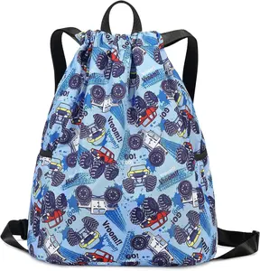 Bolsas de gimnasio deportivo, bolsa de cuerda de viaje portátil, mochila con cordón de tela de poliéster impermeable personalizada para niños, bolsa con cremallera