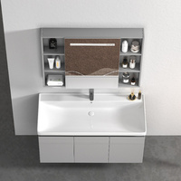 Meuble-lavabo mural moderne en acier inoxydable gris clair avec vasque en céramique, miroir intelligent, armoire et robinet pour villa, garantie 5 ans