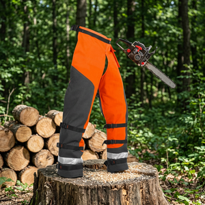 Pantalon de sécurité anti-coupure pour tronçonneuse, orange et gris, avec bandes réfléchissantes, coutures soudées, coupe régulière, protection contre les coupures, pour travaux forestiers et d'exploitation forestière - Product Image 2