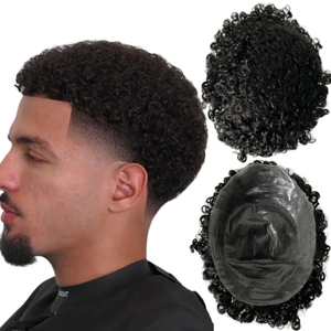 Prothèse capillaire pour hommes 16mm, <span class=keywords><strong>cheveux</strong></span> Remy <span class=keywords><strong>bouclés</strong></span> crépus, avec base en PU à peau fine et ligne de <span class=keywords><strong>cheveux</strong></span> naturelle, perruque en silicone - Product Image 1