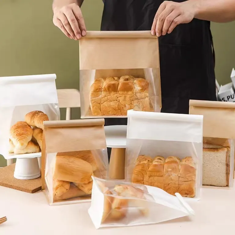 Diseño personalizado Stand Up Bolsas de plástico para pan Embalaje de plástico Pan Bolsas de comida con ventana Panadería Pan Bolsa de papel