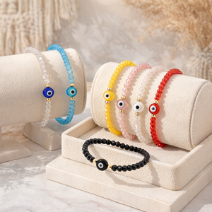 Braccialetto Elastico Resoul con Perline di Cristallo Sfaccettate e Occhio Turco, Amuleto Portafortuna Nazar, Protezione Ojo Turco, Stile Boho, Impilabile, Regalo Donna - Product Image 1