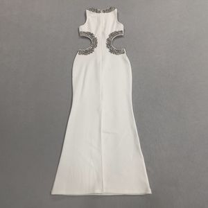 Abito <span class=keywords><strong>da</strong></span> Sera Elegante <span class=keywords><strong>Bianco</strong></span> Senza Maniche con Strass e Taglio in Vita per Donna, Vestito Lungo di Lusso per Matrimoni, Banchetti e Feste - Product Image 6