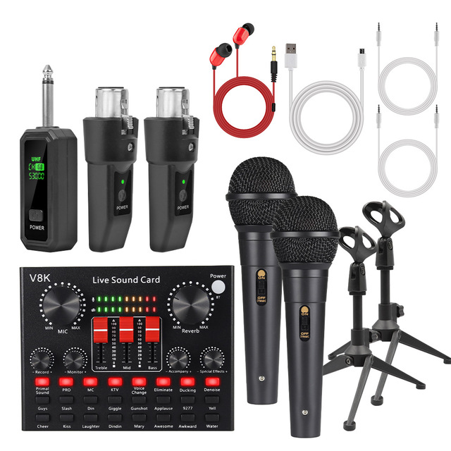 V8K Sound Card Wireless MIC Dual Microphone Desktop Tripod Stand English Mobile Phone Computer Live Streaming Blog Equipment