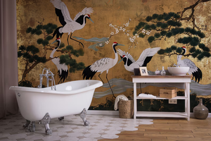 Pannello Murale di Alta Gamma con Foglia d'Oro e Design di Gru a Corona Rossa, Decorazione Interna Raffinata con Pino e Uccelli per Casa e Hotel - Product Image 4
