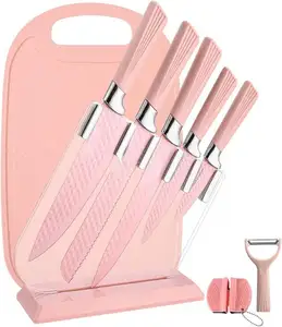 Новый материал Baichang, 9 шт., розовый Высокоуглеродистый нож для шеф-повара с антипригарным покрытием из нержавеющей стали с блочной разделочной доской и точилкой
