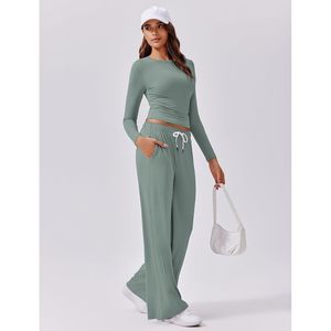 FOXA Women 2 Piece <b>Lounge</b> Set Long Sleeve Cropped Top Wide Leg Pants Breathable Casual Autumn Outfits Matching Tracksuit - Product Image 5